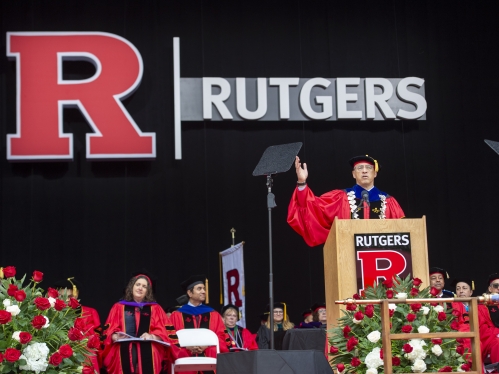 President Jonathan S. Holloway addresses the Class of 2024 at Rutgers 258th Anniversary Commencement on Sunday, May 12, 2024.
