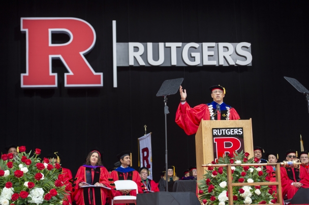 President Jonathan S. Holloway addresses the Class of 2024 at Rutgers 258th Anniversary Commencement on Sunday, May 12, 2024. 