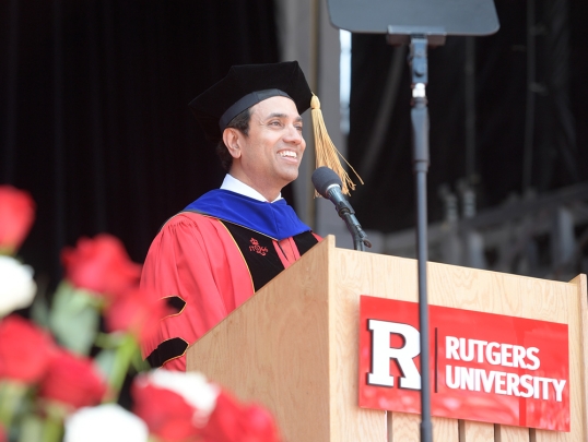 Executive Vice President of Academic Affairs Prabhas V. Moghe addresses the Class of 2025 and their guests at Rutgers 259th anniversary Commencement